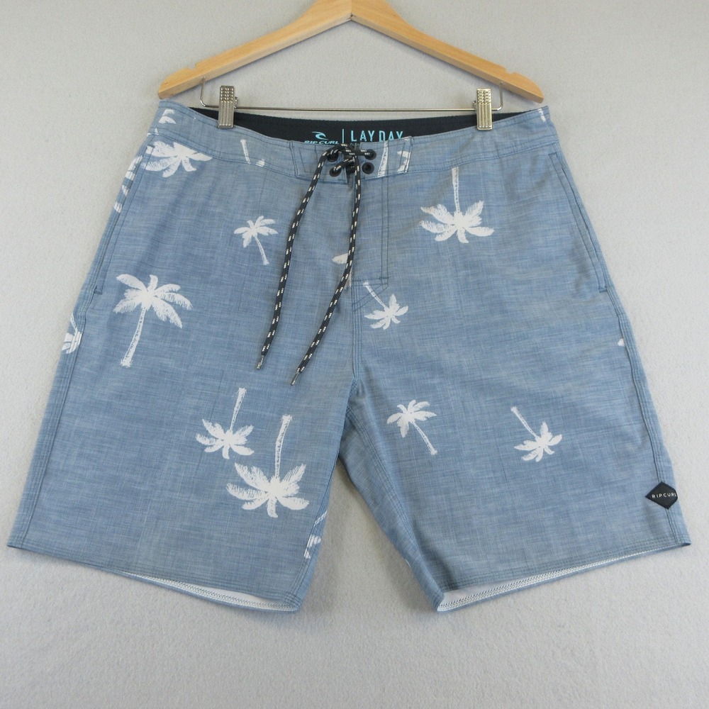 Rip Curl Board Shorts Men 34 Blue Palm Tree Lay Day Side Pockets Swim Surf